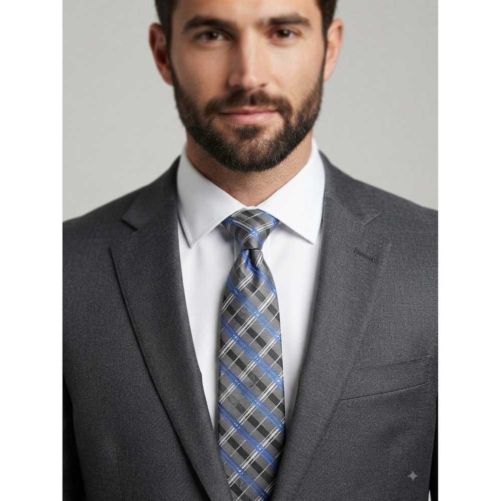 Croft & Barrow Men's Gray Blue Plaid Handmade Tie Necktie Accessories 100% Silk